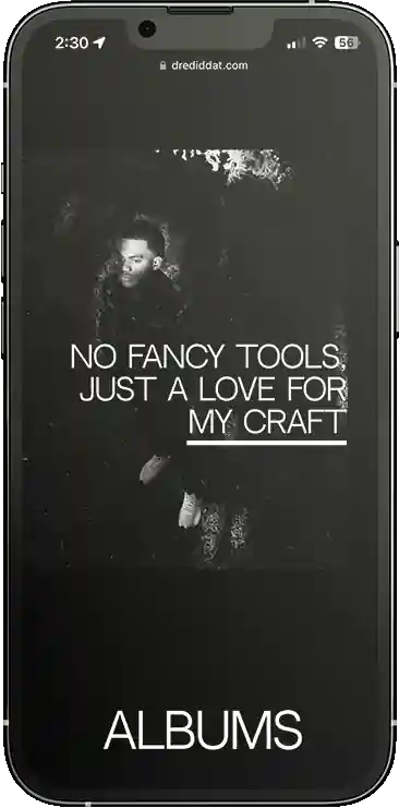 black website that says "no fancy tools, just a love for my craft" above an image of a man - mocked up on an iPhone