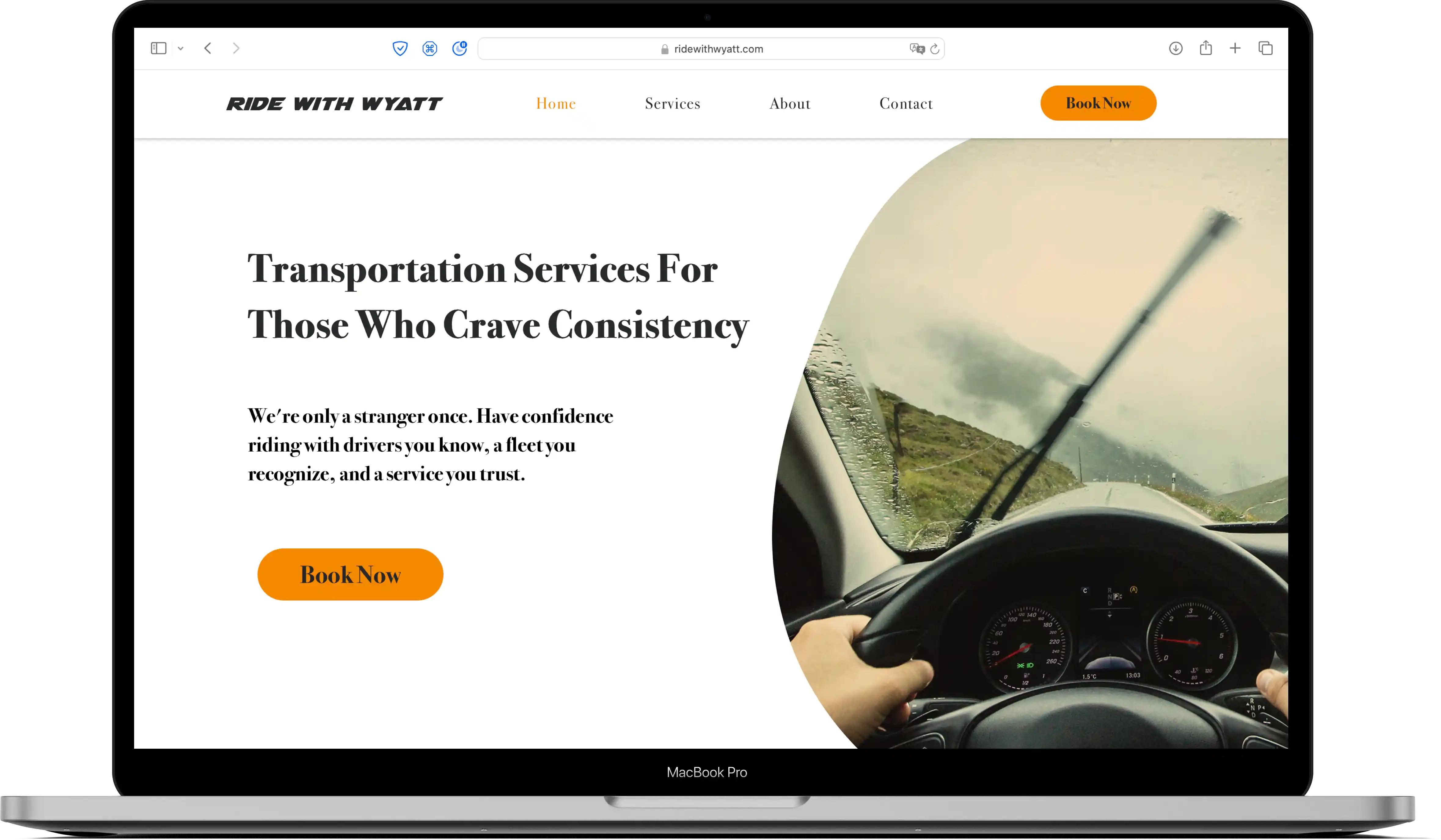 Homepage of RideWithWyatt.com mocked up on a MacBook Pro