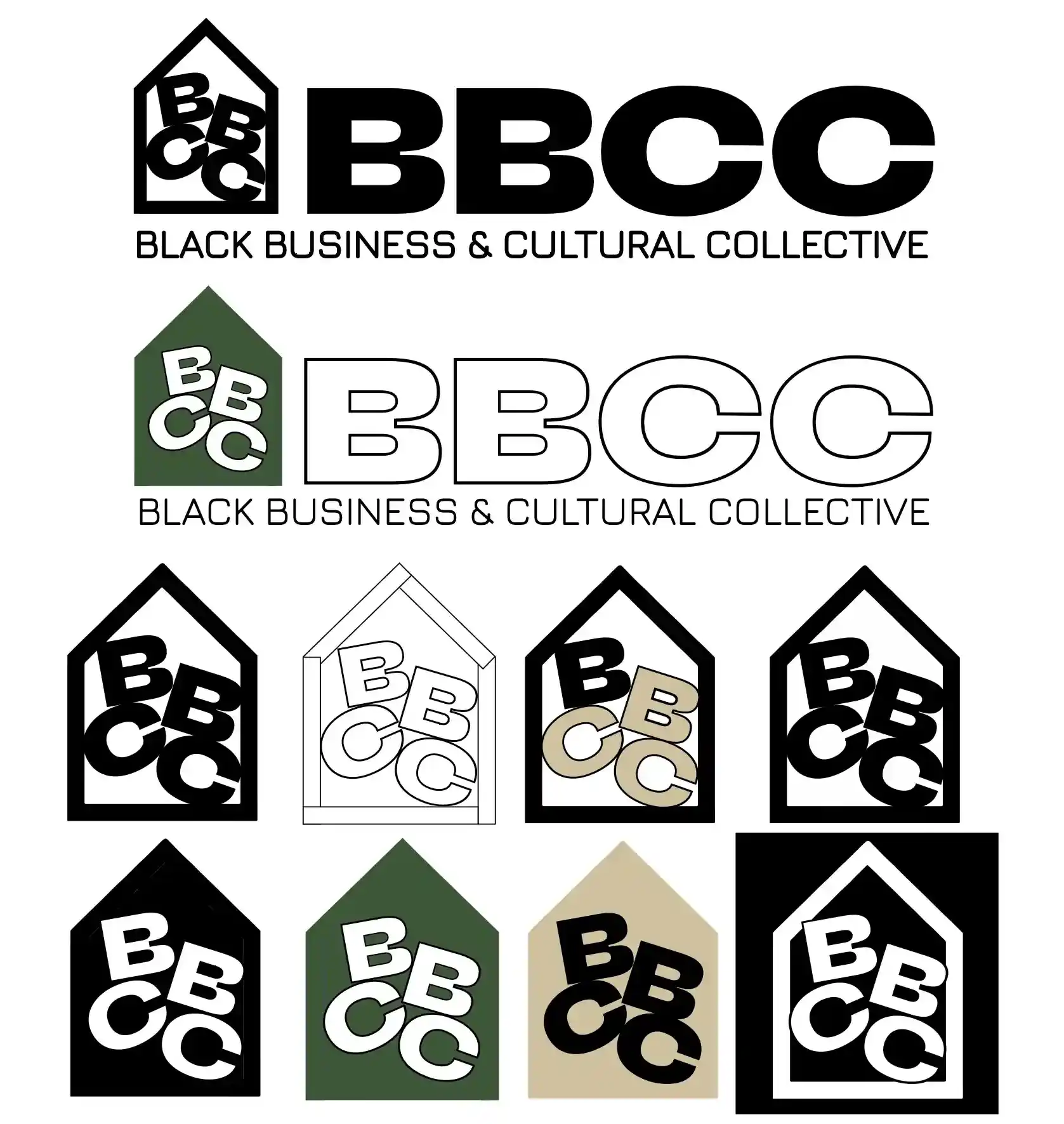 ideas for a logo with big "BBCC" letters in a house and the words "Black Business Community Collective"