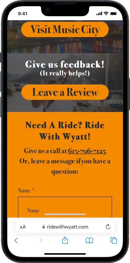 webpage of RideWithWyatt.com mocked up on an iPhone